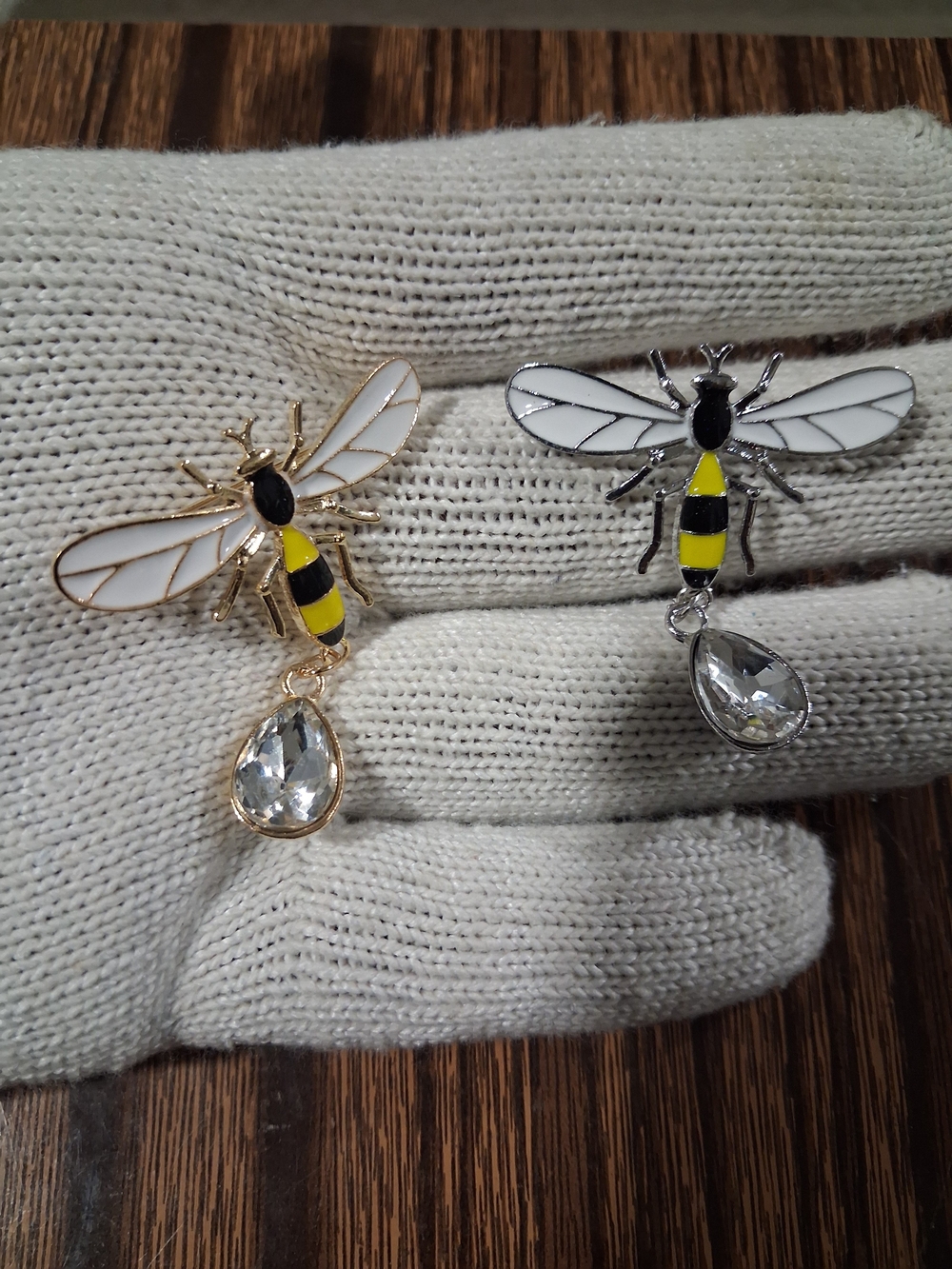 Bee Brooch Pair with Yellow & White Enamel and Teardrop Crystal